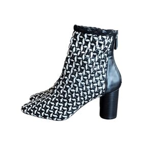 ZARA Trafaluc Black White Woven Block Heel Ankle Bootie Size 35